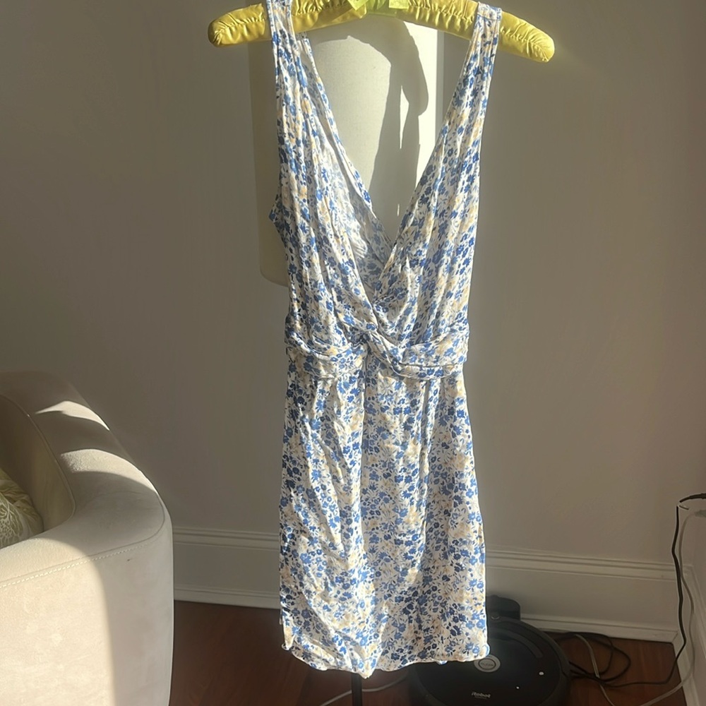 Blue & Yellow Flower mini dress with tie in the back